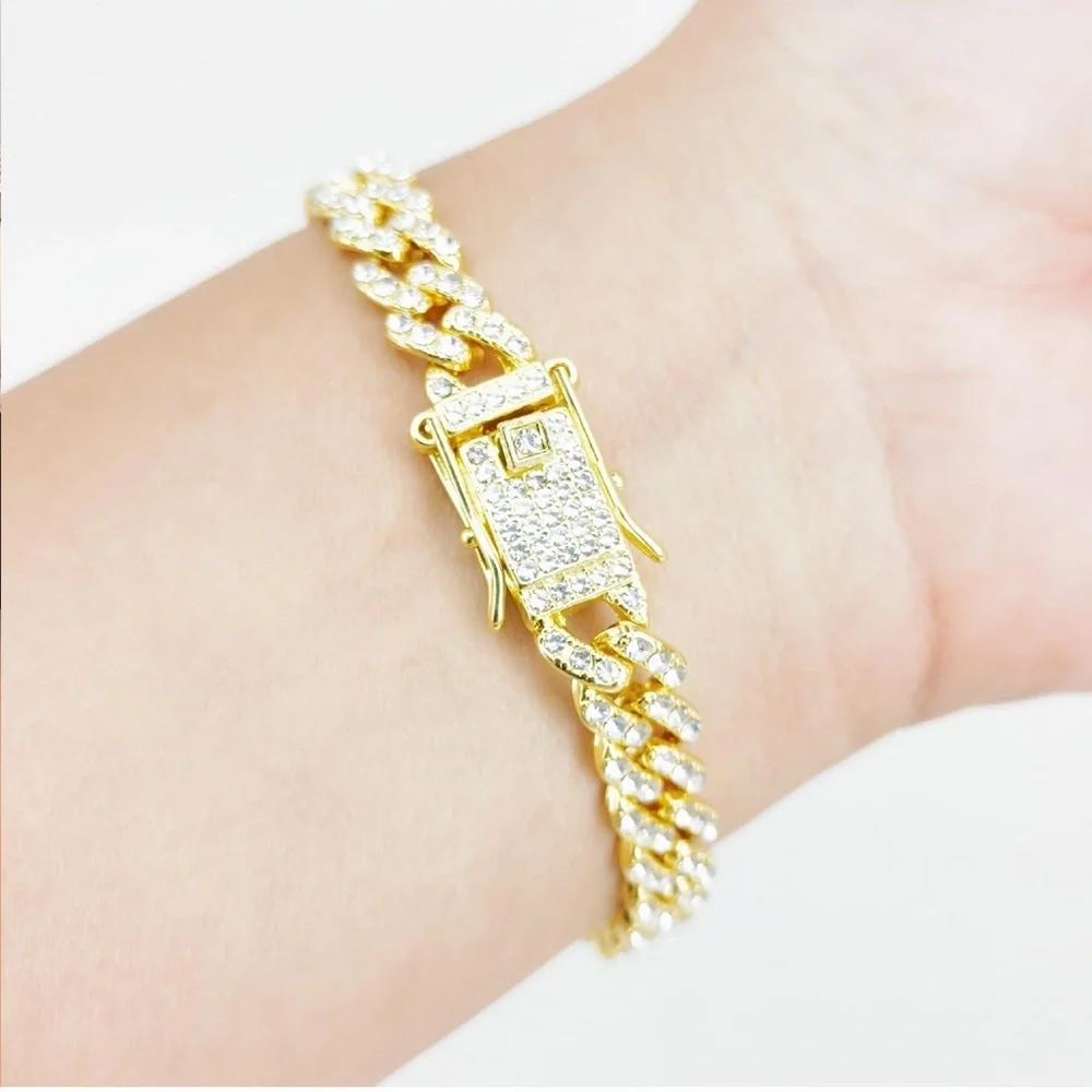 Gold and Rhinestone Cuban Link Bracelet